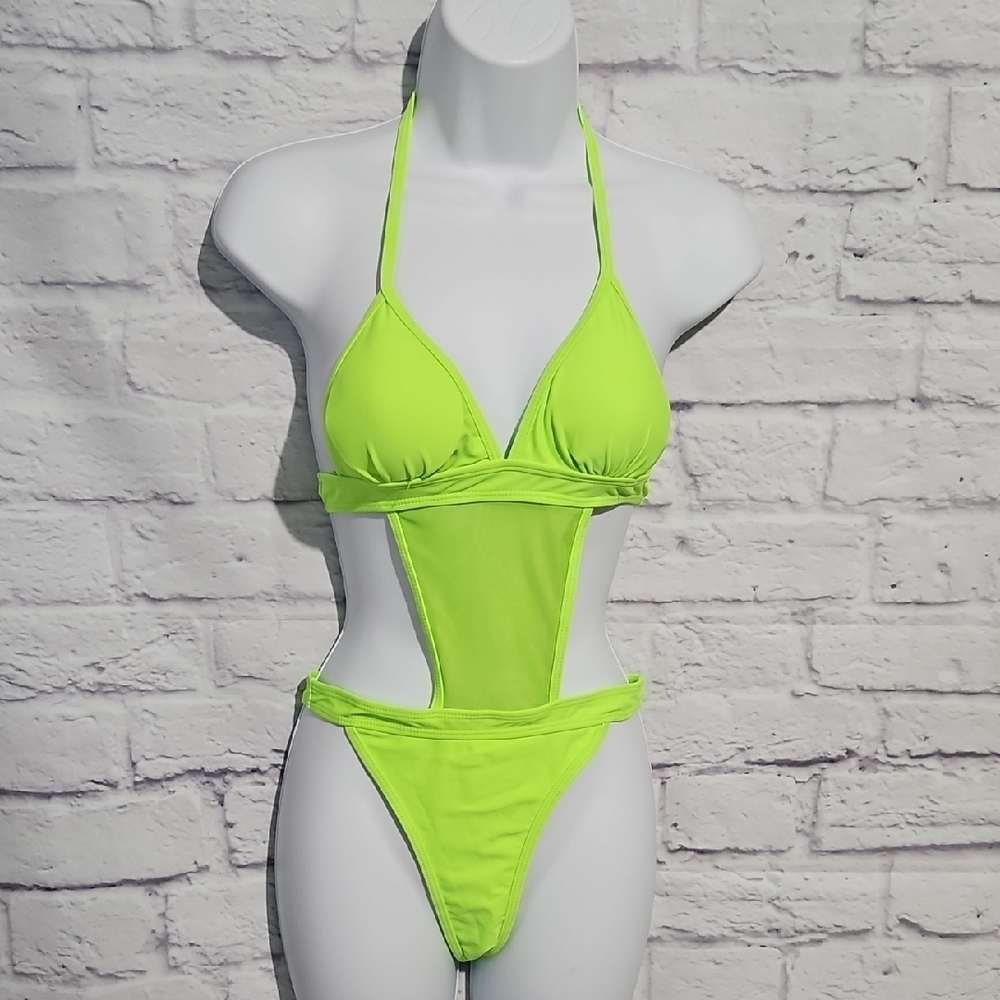 Neon Green Cutout Halter One-Piece Swimsuit - Women Swim